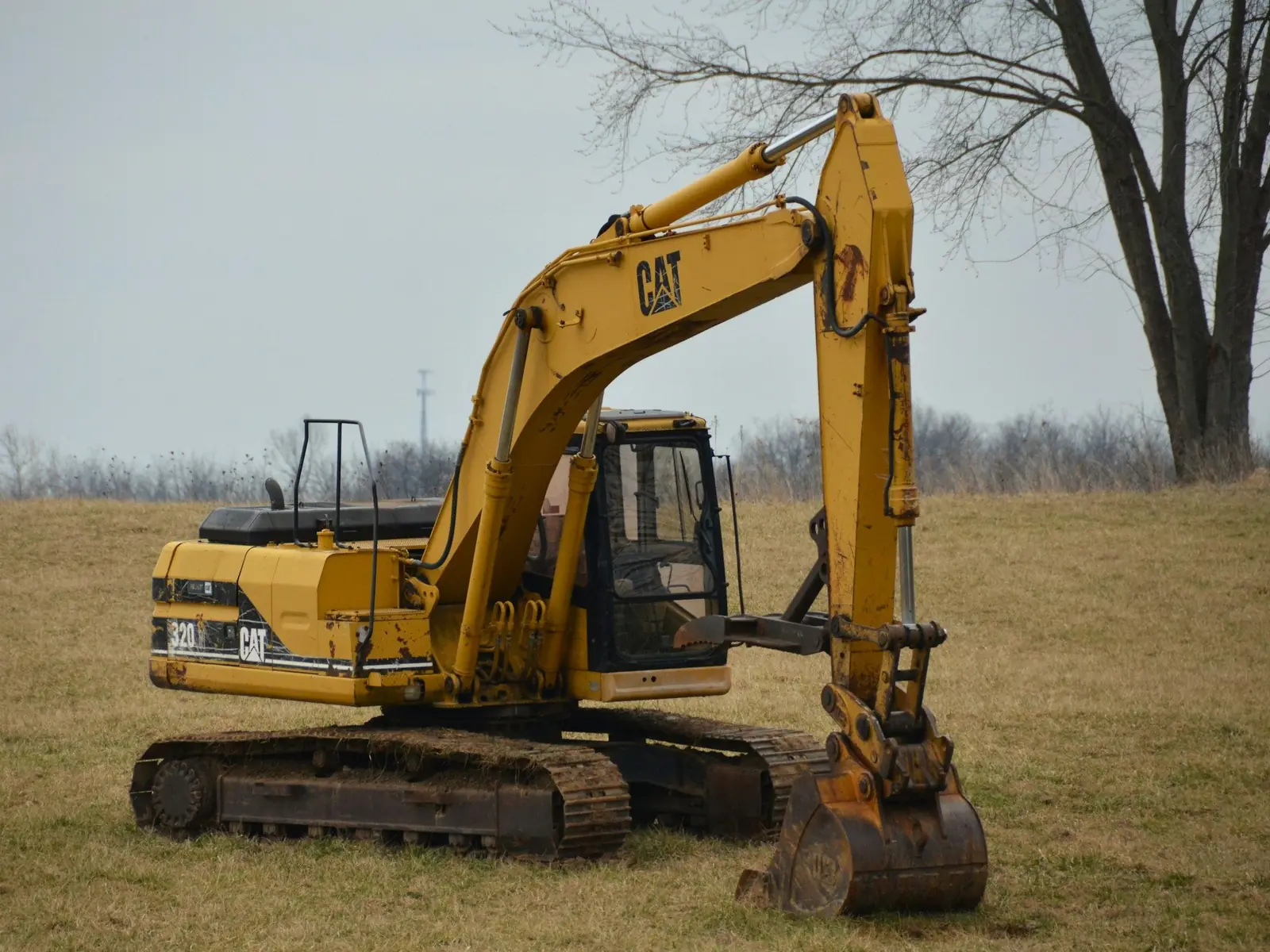 Cat excavator parked in a grassy field with bare trees behind